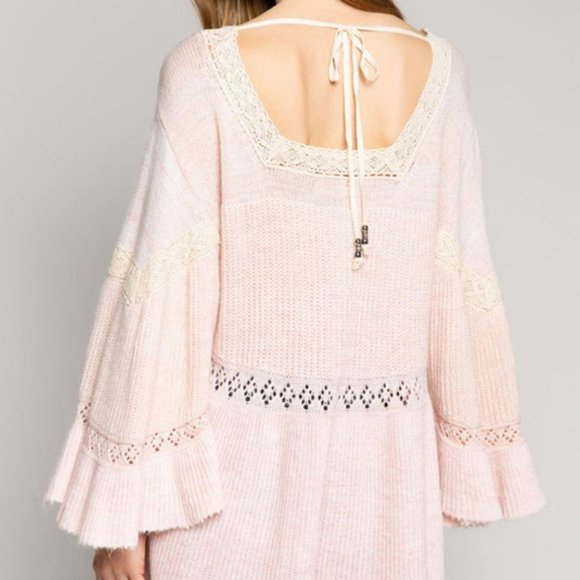 Pink Flutter Bell Sleeve Lace Boho Tunic Sweater - Picture 5 of 9